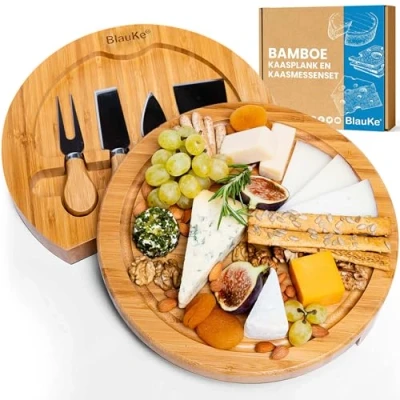 Afbeelding van Kaasplank van Bamboe met Kaasmessen Set Ronde Kaasplaat Hout 4 Messen Bamboo Cheese Board Serveerplank Geweldig Cadeau voor Kerstmis, Bruiloft of Jubileum BlauKe