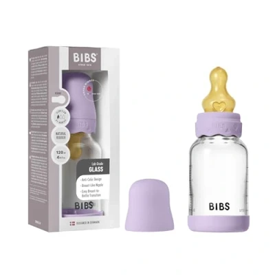 Afbeelding van BIBS Boheme Glazen babyfles, 120 ml, anti koliek, ronde zuiger van natuurlijk rubberlatex, bevordert de natuurlijke borstvoeding, violet sky