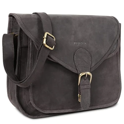 Afbeelding van LEABAGS Riyadh Schoudertas, handtas van echt buffelleer, schoudertas in vintage look, leer, natuurlijk donkerbruin, Large, Boheems, gedeconstrueerd, minimalistisch, retro, utility,
