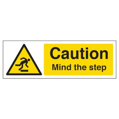 Afbeelding van VSafety Caution Mind The Step Warning Sign 300mm x 100mm 1mm Rigid Plastic