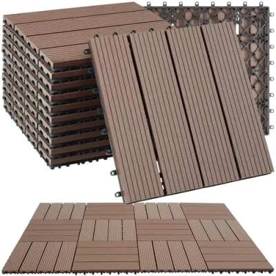 Afbeelding van tectake® WPC houten tegels houtlook tegels, weerbestendig vloerbedekking voor wintertuin vloertegels balkonvloer terrastegels met kliksysteem afvoer set van 11/ bruin