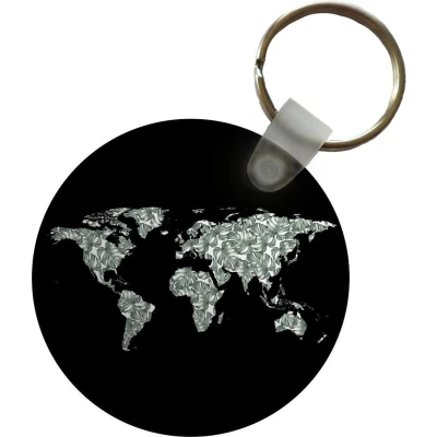 Afbeelding van Sleutelhanger Wereldkaart Planten Zwart Plastic Rond Uitdeelcadeautjes