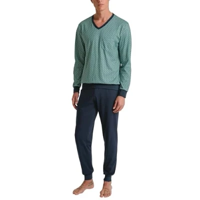 Afbeelding van Calida Relax Imprint Pyjama, lange heren, van 100% katoen, grijsgroen (Stone green), 56
