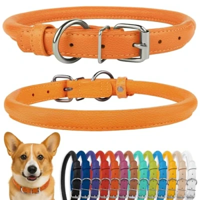 Afbeelding van CollarDirect Opgerolde lederen halsband, zachte gewatteerde ronde puppyhalsband, handgemaakte echt halsband voor honden en kleine grote katten, zwart roze rood paars blauw (geschikt 38 45