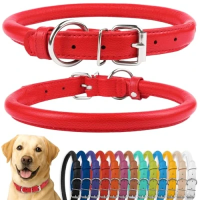 Afbeelding van CollarDirect Gerolde lederen halsband, zachte gewatteerde ronde puppy kraag, handgemaakte halsband hond kleine grote kat halsbanden 13 kleuren (18 21 inch, blauw getextureerd)