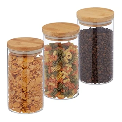 Afbeelding van Relaxdays voorraadpotten met bamboedeksel, 3 stuks, ronde glazen bewaarpotten, 1000 ml, luchtdicht, transparant/naturel
