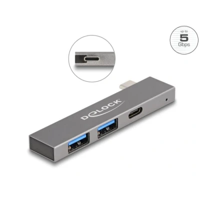 Afbeelding van Delock 3 poorts slanke USB hub met Type C naar 1 x 5 Gbps (USB C, 3 Havens), Docking station + hub, Grijs