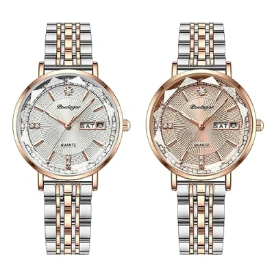 Afbeelding van JewelryWe Horloges dames roestvrij staal dameshorloge elegant analoog kwartshorloge vrouwen week datum kalender 30 m waterdicht horloge met roestvrijstalen armband en lichtgevende wijzers, 2