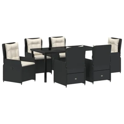 Afbeelding van vidaXL 7 Persoons Tuin Eetset Zwart Poly Rattan, Tuintafel 160x80x73 cm Gelaagd Glas