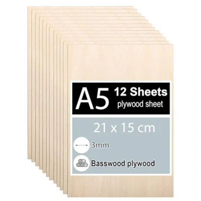 Afbeelding van 12 stuks multiplexplaat, 3 mm, A5 multiplex 21 x 15 cm, linde multiplex, dunne houten platen voor doe het zelf houtbewerking, laserbewerking, brandschilderen, modelbouw, decoratie, schilderijen