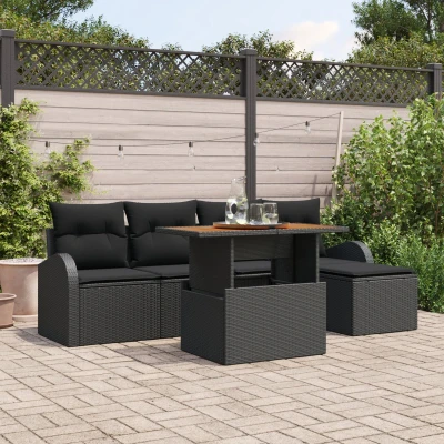 Afbeelding van vidaXL 6 delige tuindining set met kussens zwart poly rattan acacia