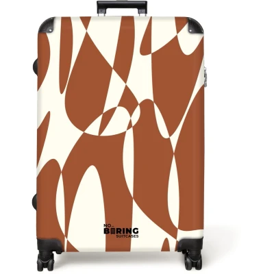 Afbeelding van NoBoringSuitcases.com® Koffer groot Reiskoffer lichtgewicht Bruin met witte abstracte vormen Rolkoffer 4 wielen Grote trolley XL 98 liter bagage