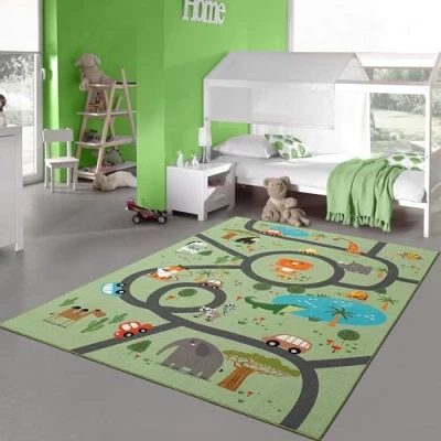 Afbeelding van Teppich Traum Vloerkleed voor de kinderkamer, antislip, wasbaar tapijt, safari, street cars, dieren, groen, 100 x 200 cm