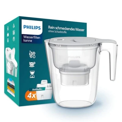 Afbeelding van Philips Waterfilterkan + 4 SOFTENING+ reservefilterpatronen, tot 50% waterhardheid vermindering, snelle doorstroming, wit, 2,6 liter, elektronische timer