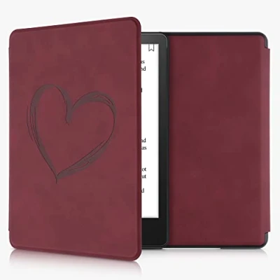 Afbeelding van kwmobile e reader hoesje geschikt voor Amazon Kindle Paperwhite 11. Generation 2021 hoes Ereader flip case met standaard Kunstleren cover Brushed Hart design in donkerrood