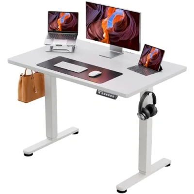Afbeelding van ErGear in hoogte verstelbaar bureau, 100 x 60 cm, verstelbaar, elektrisch, ergonomisch, staand tafel, computertafel voor thuiskantoor met 4 geheugenbesturingen, wit