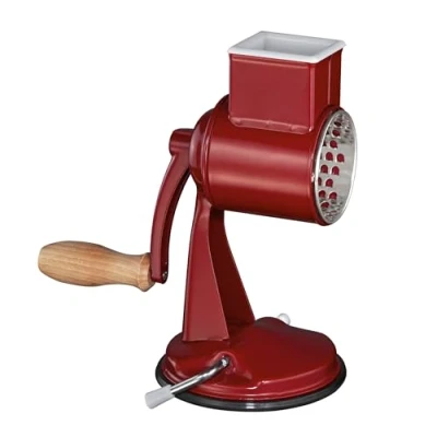Afbeelding van Zassenhaus CLASSIC trommelrasp Handmatig, gelakt metaal, beukenhout, roestvrij staal, zuigvoet, 2 wrijvingstrommels en stamper, te gebruiken als groentesnijder, kaasrasp schaaf, rood