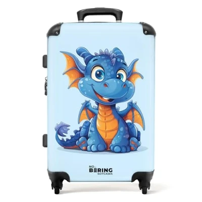 Afbeelding van NoBoringSuitcases.com Grote koffer Portret van een jong, blauw oranje draakje Kinderkoffer jongen Reiskoffer met 4 wielen Trolley op wieltjes Rolkoffer groot kinderen 60 liter Ruimbagage valies 20kg
