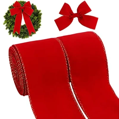 Afbeelding van Kingovalley 2 Rollen Kerst Bedraad Lint, 6,3 cm x 10 Yards Rood Fluwelen Xmas Lint Met Gouden Rand Vintage Inpaklint Voor DIY Craft Thuis Slinger Boog Deur Krans Decoraties
