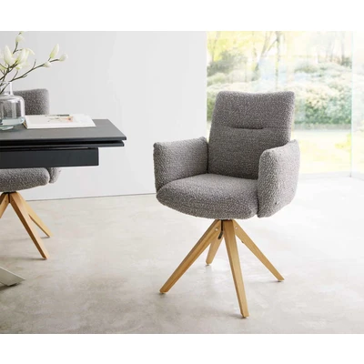 Afbeelding van Eetkamerstoel Jova Flex met armleuning houten frame hoekig natuur bouclé zilver grijs pocketveer kern 180 draaibaar