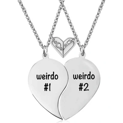 Afbeelding van Bixorp Friends Vriendschapsketting voor 2 met Hartje &amp; Magnetische Hanger Zilverkleurig &quot;Weirdo #1 #2&quot; BFF Cadeau