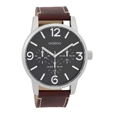 Afbeelding van OOZOO Timepieces Zilverkleurige horloge met roodbruine leren band C9652
