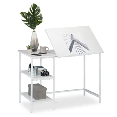 Afbeelding van Relaxdays bureau kantelbaar, div. hellingshoeken, met 3 vakken, laptop of werktafel, 75 x 110 55 cm, in het wit
