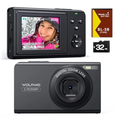 Afbeelding van WOLFANG digitale camera, 2,7 K kindercamera voor fotografie, 50 MP compacte vlogging 16 x zoom videocamera, auto focus punt en schietdigitale camera&#039;s, cadeau studenten, tieners