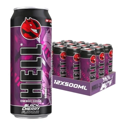 Afbeelding van HELL BLACK CHERRY Energy Drink +20% More Caffeine Vitamins B2, B3, B6, B12, C &amp; D No Preservatives Environmentally Friendly Packaging 12 x 500 ml Compatible with