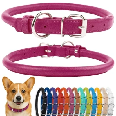 Afbeelding van CollarDirect Gerolde lederen halsband, zachte gewatteerde ronde puppykraag, handgemaakte halsband hond kleine grote kattenhalsbanden zwart roze rood paars blauw (past 12&quot; 14&quot; nek, roze)
