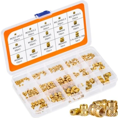 Afbeelding van Dottall 300 stuks schroefdraadinzetstukken, M2, M2,5, M3, M4, M5, M6, inpersmoeren, messing schroefdraadbussen, binnendraad, kartelmoeren met sorteerdoos voor kunststof onderdelen door verwarming of ultrasoon