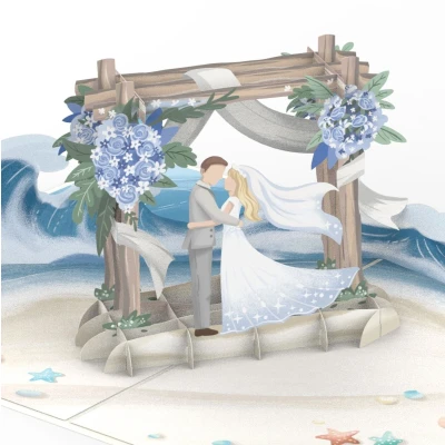 Afbeelding van papercrush® Pop up kaart bruiloft op het strand 3D bruiloftskaart met bruidspaar voor strandbruiloft, geldcadeau huwelijksreis of huwelijksreis, romantische wenskaart