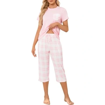 Afbeelding van Reliwel Pyjama voor dames, katoen, pyjamaset, kort, geruit, Pijama met korte mouwen en 3/4, zachte broek, comfortabel, 2 delig, S XXL, Roze, M