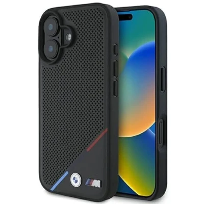 Afbeelding van BMW Backcase hoesje geschikt voor iPhone 16 Plus Effen Zwart Kunstleer