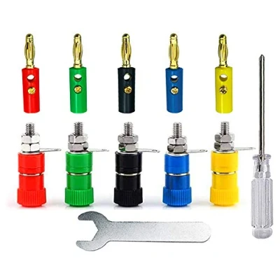 Afbeelding van Aiqeer 20 paar 4 mm banaanstekker socket connectorset, vergulde bananenstekker en bindpaal terminalkit, voor luidspreker, audio/video ontvanger (rood, geel, blauw, groen, zwart)