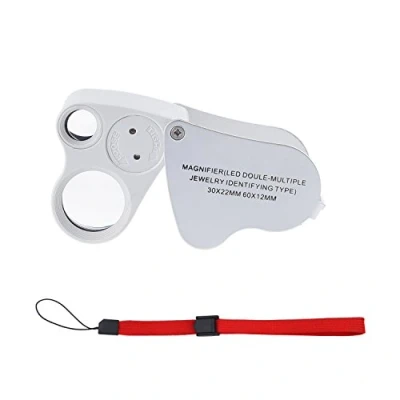 Afbeelding van Verlichte sieraden LED oogloep vergrootglas met twee lens, 60X, 12MM en 30x, 22MM Kare Kind Retail Pakket (60x Zilver/Wit)
