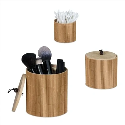 Afbeelding van Relaxdays opbergdoos met deksel set van 3 kleine bamboe doosjes kwastenhouder rond