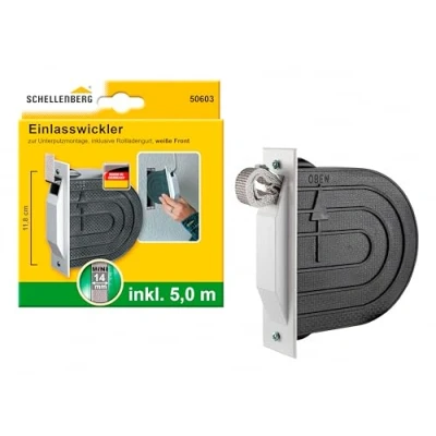 Afbeelding van Schellenberg 50603 Rolluiken riemwikkelaar inbouwset, systeem Mini, gatafstand 11,8 cm, incl. muurkast, afdekplaat en rolluikgordel, wit