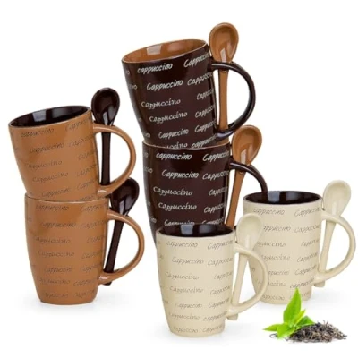 Afbeelding van Matches21 Cappuccino 3 stuks originele Cappucchino kopjes beker koffiekopjes 10 cm hoog/250 ml keramiek met lepel