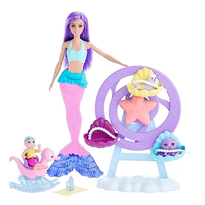 Afbeelding van Barbie Zeemeerminpop Zeemeerminspeelgoed Paars haar roze staart verzorgingsspeelset Meerminbaby, octopus, dolfijn en accessoires, HLC30