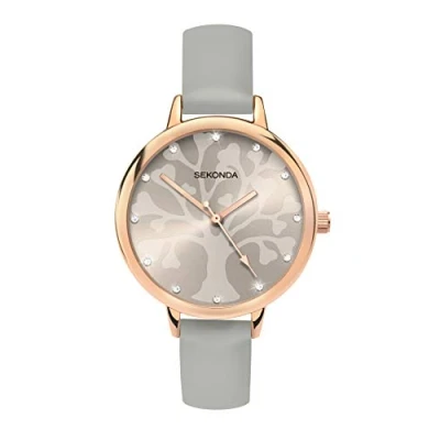 Afbeelding van Sekonda Womens 35mm Analoog Klassiek Quartz Horloge met Rose Gouden Kast Boom Patroon Wijzerplaat Stone Set Markers en Grijze PU Band, Grijs, Riem