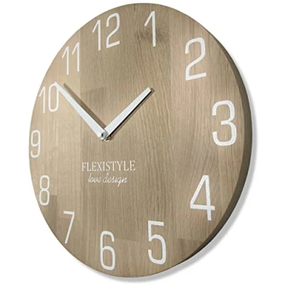 Afbeelding van FLEXISTYLE Wandklok natuur diameter houtlook 100% eiken, hout modern, woonkamer, zonder tikkende geluiden ... (30cm, wit)