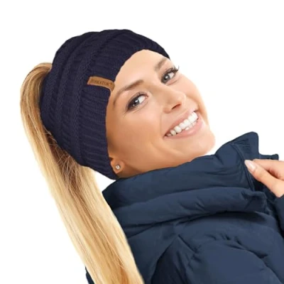 Afbeelding van TOSKATOK Thermo teddy fleece gevoerde paardenstaart muts voor dames, marineblauw, Eén Maat