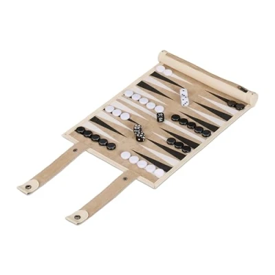 Afbeelding van Relaxdays backgammon reiseditie oprolbaar 32 x 26 cm kunstleer beige
