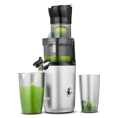 Afbeelding van AMZCHEF Juicer Machine met 80MM Grote Opening voor Heel Fruit 200W Krachtige Cold Press Upgrade Auger, Dubbellaags Filter, Retro Schakelaar, Stille Motor Zilver