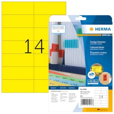 Afbeelding van HERMA 5058 Gekleurde etiketten A4 afneembaar (105 x 42,3 mm, 20 velles, papier, mat) zelfklevend, bedrukbaar, verwijderbaar en opnieuw klevende kleurenlabels, 280 voor printer, geel