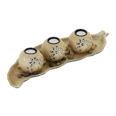 Afbeelding van Relaxdays theelichthouder met schaal &amp; steentjes, 50 cm, eettafel, woonkamer tafeldecoratie, waxinelichthouder, goud
