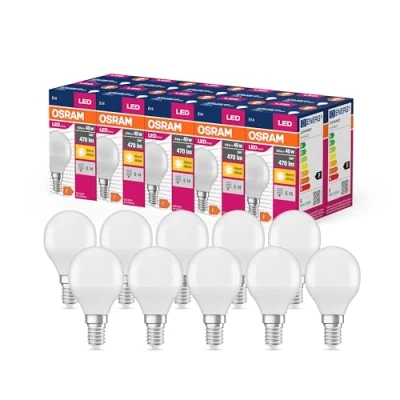 Afbeelding van OSRAM LED STAR VALUE KLASSISK P40 LAMP til E14 stik, drop Shape, FR, 470 Lumen, Warm White (2700K), udskiftning konventionelle 40W pærer, ikke dæmpbar, 10 pack