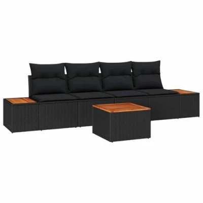 Afbeelding van vidaXL 5 delige tuinsofa set met kussens zwart poly rattan en acacia