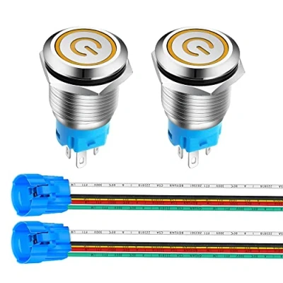 Afbeelding van Gebildet 2pcs 0.63&#039;&#039;/16mm Roestvrijstalen Vergrendelende Drukknopschakelaar 12V 24V 5A Voedingssymbool LED 1NO1NC SPDT AAN UIT Waterdichte Tuimelschakelaar met Draadstekker(Gele LED)